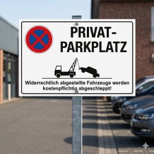 Das Bild zeigt ein Schild, das auf einen Privatparkplatz hinweist, auf dem das Parken verboten ist. Es informiert darüber, dass Fahrzeuge, die widerrechtlich abgestellt werden, kostenpflichtig abgeschleppt werden.