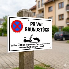 Das Bild zeigt ein Schild, das auf einem Holzpfosten befestigt ist und darauf hinweist, dass es sich um ein Privatgrundstück handelt. Es enthält ein rotes Verbotssymbol und eine Warnung, dass widerrechtlich abgestellte Fahrzeuge kostenpflichtig abgeschleppt werden.