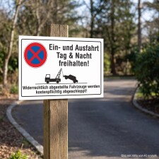 Das Bild zeigt ein Schild, das darauf hinweist, dass die Ein- und Ausfahrt jederzeit freigehalten werden muss. Es enthält ein rotes Verbotssymbol und eine Warnung, dass falsch parkende Fahrzeuge kostenpflichtig abgeschleppt werden.
