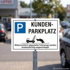 Das Bild zeigt ein Schild mit der Aufschrift Kunden-Parkplatz, das an einem Parkplatz aufgestellt ist. Es informiert darüber, dass Fahrzeuge, die nicht rechtmäßig abgestellt sind, kostenpflichtig abgeschleppt werden.