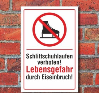 Schild Lebensgefahr! Schlittschuhlaufen verboten, Hochkant, 3 mm Alu-Verbund 300 x 200 mm
