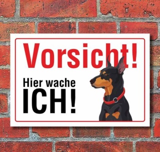 Vorsicht "Hier wache ich", Dobermann, Hund, Schild, Hinweis, 3 mm Alu-Verbund Motiv 1 300 x 200 mm