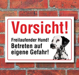 Vorsicht "Freilaufend", Dalmatiner, Hund, Schild, Hinweis, 3 mm Alu-Verbund Motiv 3 300 x 200 mm