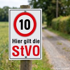 Das Bild zeigt ein Verkehrsschild, das eine Geschwindigkeitsbegrenzung von 10 km/h anzeigt und darauf hinweist, dass hier die Straßenverkehrsordnung (StVO) gilt. Es ist an einem Holzpfahl befestigt und steht an einem schmalen, unbefestigten Weg, um Verkehrsteilnehmer auf die geltenden Regeln aufmerksam zu machen.
