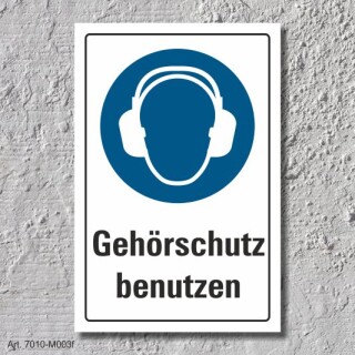 Schild "Gehörschutz benutzen", DIN ISO 7010, 3 mm Alu-Verbund  450 x 300 mm