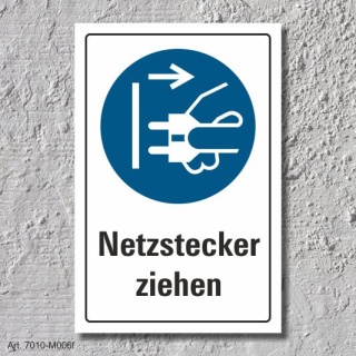 Schild "Netzstecker ziehen", DIN ISO 7010, 3 mm Alu-Verbund  600 x 400 mm