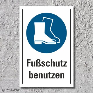 Schild "Fußschutz benutzen", DIN ISO 7010, 3 mm Alu-Verbund  450 x 300 mm
