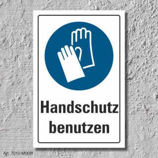 Schild "Handschutz benutzen", DIN ISO 7010, 3 mm Alu-Verbund  450 x 300 mm