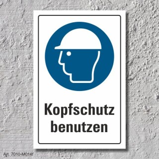 Schild "Kopfschutz benutzen", DIN ISO 7010, 3 mm Alu-Verbund  300 x 200 mm