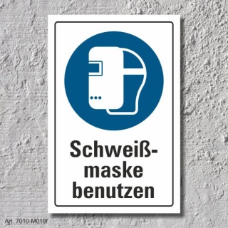 Schild "Schweißmaske benutzen", DIN ISO 7010, 3 mm Alu-Verbund  300 x 200 mm