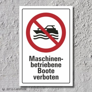 Verbotsschild "Maschinenbetriebene Boote verboten", DIN ISO 20712, 3 mm Alu-Verbund  300 x 200 mm