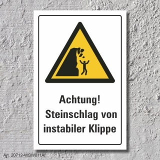 Warnschild "Steinschlag, instabile Klippe", DIN ISO 20712, 3 mm Alu-Verbund  600 x 400 mm