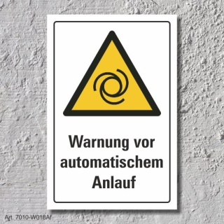 Warnschild &quot;Warnung vor automatischem Anlauf&quot;, DIN ISO 7010, 3 mm Alu-Verbund  