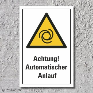 Warnschild "Achtung! Automatischer Anlauf", DIN ISO 7010, 3 mm Alu-Verbund  300 x 200 mm