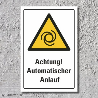 Warnschild "Achtung! Automatischer Anlauf", DIN ISO 7010, 3 mm Alu-Verbund  600 x 400 mm