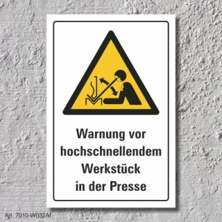 Warnschild "Hoschnellende Werkstücke, Presse", DIN ISO 7010, 3 mm Alu-Verbund  600 x 400 mm