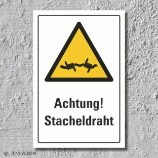 Warnschild "Achtung! Stacheldraht", DIN ISO 7010, 3 mm Alu-Verbund  450 x 300 mm