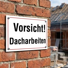 Das Bild zeigt ein rechteckiges Schild mit der Aufschrift Vorsicht! Dacharbeiten in großen, schwarzen Buchstaben auf weißem Hintergrund, umrandet von einem roten Rand. Das Schild ist an einer Ziegelwand befestigt und weist auf laufende Dacharbeiten in der Nähe hin.