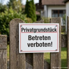 Das Bild zeigt ein Schild, das an einem Holzzaun angebracht ist und darauf hinweist, dass das Betreten des Privatgrundstücks verboten ist. Das Schild hat einen weißen Hintergrund mit schwarzer und roter Schrift und ist deutlich lesbar, um Passanten zu warnen.