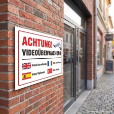 Das Bild zeigt ein Schild mit der Aufschrift ACHTUNG! VIDEOÜBERWACHUNG, das an einer Ziegelwand angebracht ist. Es informiert Passanten über die Anwesenheit von Videoüberwachung und enthält Übersetzungen in mehreren Sprachen, darunter Englisch, Französisch, Spanisch und Türkisch.
