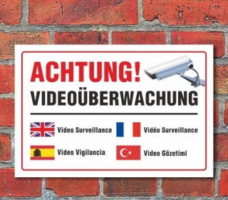 Schild "Achtung, Videoüberwachung, mehrsprachig", 3 mm Alu-Verbund  450 x 300 mm