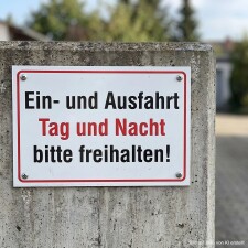 Das Bild zeigt ein Schild, das darauf hinweist, dass die Ein- und Ausfahrt sowohl tagsüber als auch nachts freigehalten werden soll. Der Text ist in großen, klaren Buchstaben auf weißem Hintergrund mit roten Akzenten gestaltet, um die Wichtigkeit der Nachricht zu betonen.