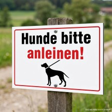 Das Bild zeigt ein Schild mit der Aufschrift „Hunde bitte anleinen!“ in großen, auffälligen Buchstaben. Das Schild ist an einem Holzpfosten befestigt und befindet sich in einem grünen, offenen Landschaftsbereich, um Passanten darauf hinzuweisen, dass Hunde in dieser Gegend an der Leine geführt werden sollten.