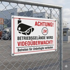 Das Bild zeigt ein Schild, das an einem Zaun angebracht ist und darauf hinweist, dass das Betriebsgelände videoüberwacht wird. Es enthält die Aufschrift Achtung! Betriebsgelände wird videoüberwacht! sowie einen Hinweis, dass das Betreten für Unbefugte verboten ist, und ist in einem klaren, gut lesbaren Design gehalten.