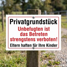 Das Bild zeigt ein Schild, das auf einem Holzpfosten angebracht ist und deutlich darauf hinweist, dass das Betreten des Privatgrundstücks für Unbefugte strengstens verboten ist. Zudem wird darauf hingewiesen, dass Eltern für ihre Kinder haften, was auf die Sicherheit auf dem Grundstück abzielt.