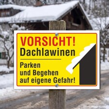 Das Bild zeigt ein Warnschild mit dem Text „VORSICHT! Dachlawinen“. Es befindet sich in einem schneebedeckten Gebiet und weist darauf hin, dass das Parken und Begehen in der Nähe auf eigene Gefahr erfolgt, da von den Dächern Lawinen drohen könnten.