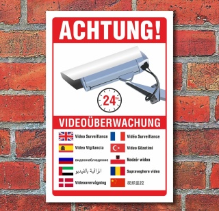 Schild Video&uuml;berwachung Warnschild Hinweisschild 10 Sprachen 3 mm Alu-Verbund 300 x 200 mm