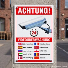 Das Bild zeigt ein Schild mit dem Hinweis Achtung! Videoüberwachung 24 Std. in großen, auffälligen roten Buchstaben. Unterhalb des Haupttextes sind verschiedene Übersetzungen des Begriffs Videoüberwachung in mehreren Sprachen abgebildet, zusammen mit einem Symbol einer Überwachungskamera, was darauf hinweist, dass der Bereich kontinuierlich überwacht wird.