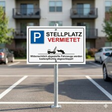 Das Bild zeigt ein Schild mit der Aufschrift STELLPLATZ VERMIETET in großen, roten Buchstaben. Es befindet sich auf einem Parkplatz vor einem Wohngebäude und weist darauf hin, dass der Platz bereits vermietet ist und falsch parkende Fahrzeuge kostenpflichtig abgeschleppt werden können.