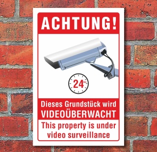 Schild Grundst&uuml;ck Video&uuml;berwacht Video&uuml;berwachung englisch 3 mm Alu-Verbund