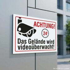 Das Bild zeigt ein Schild mit der Aufschrift Achtung! Das Gelände wird videoüberwacht! in großen, auffälligen Buchstaben. Es ist in einem öffentlichen Bereich angebracht und weist darauf hin, dass der Bereich rund um die Uhr überwacht wird, was durch ein Symbol einer Kamera und eine Uhr verdeutlicht wird.