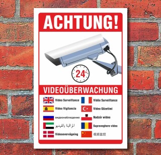 Schild Videoüberwachung Warnschild Hinweisschild 10 Sprachen 3 mm Alu-Verbund 600 x 400 mm