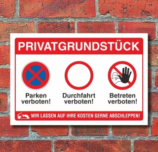 Schild Privatgrundstück Betreten verboten Durchfahrt Parken verboten Alu-Verbund 300 x 200 mm