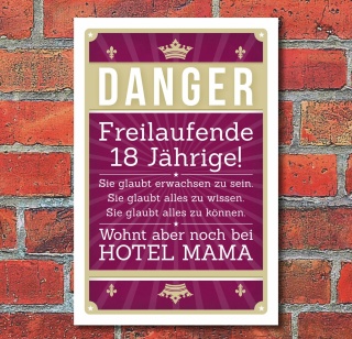 Schild Retro Vintage Geburtstag Freilaufende 18 Jährige Hotel Mama Alu-Verbund 300 x 200 mm