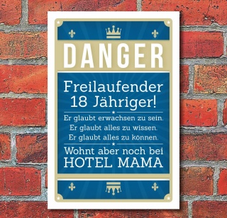 Schild Retro Vintage Geburtstag Freilaufender 18 Jähriger Hotel Mama Alu-Verbund 300 x 200 mm