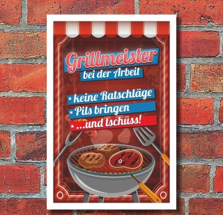 Schild Grillmeister Barbecue Barbeque BBQ Feiern grillen Pils 3 mm Alu-Verbund 300 x 200 mm