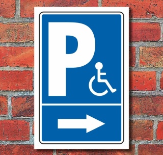 Schild Behinderten Parkplatz Rollstuhlfahrer Parkverbot Pfeil Rechts Alu-Verbund 300 x 200 mm