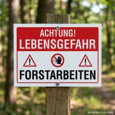 Das Bild zeigt ein Warnschild, das auf Lebensgefahr durch Forstarbeiten hinweist. Es ist rot-weiß gestaltet und enthält Symbole für Gefahr sowie den Text „Achtung! Lebensgefahr Forstarbeiten“, um Passanten vor möglichen Risiken im Wald zu warnen.