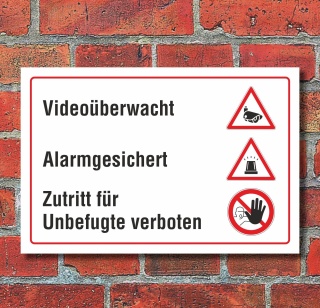 Schild Alarmgesichert Videoüberwacht Zutritt verboten Kamera 3 mm Alu-Verbund 450 x 300 mm