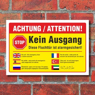Schild Kein Ausgang Fluchttür alarmgesichert mehrsprachig arabisch Alu-Verbund 600 x 400 mm