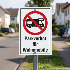 Das Bild zeigt ein Schild mit dem Hinweis Parkverbot für Wohnmobile. Es ist in einem Wohngebiet aufgestellt und signalisiert, dass das Parken von Wohnmobilen in diesem Bereich nicht erlaubt ist, was durch ein rotes Durchstreichen über einem stilisierten Wohnmobil verdeutlicht wird.