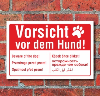 Schild Vorsicht vor dem Hund mehrsprachig englisch polnisch arabisch Alu-Verbund 300 x 200 mm
