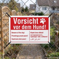Das Bild zeigt ein rotes Warnschild mit der Aufschrift „Vorsicht vor dem Hund!“ in großen, weißen Buchstaben. Es ist an einem Zaun befestigt und weist darauf hin, dass in diesem Bereich ein Hund vorhanden ist, der möglicherweise gefährlich sein könnte.