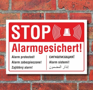 Schild STOP Alarmgesichert englisch russisch polnisch arabisch 3 mm Alu-Verbund