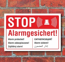 Schild STOP Alarmgesichert englisch russisch polnisch...