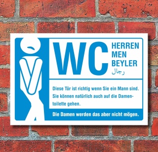 Schild WC Toilette Herren Männer mehrsprachig witziger Spruch 3 mm Alu-Verbund 300 x 200 mm